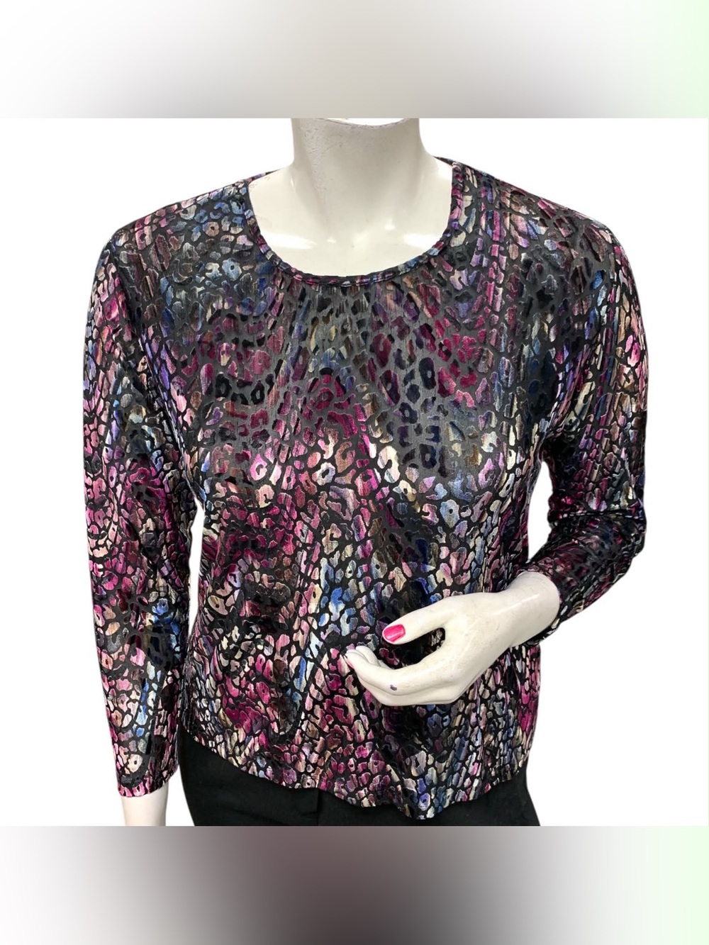 TanJay Metallic Animal Print Long Sleeve Top - Pink, Blue, Black Size L